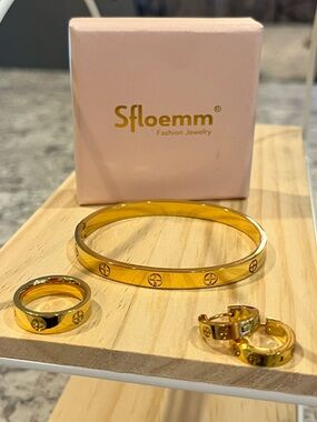 New Gold-Plated Bracelet, Ring and Hoop Earring Set